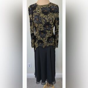 Morgan Taylor Evening Black Gold Beaded Sequin Silk Formal Midi Dress P6 S